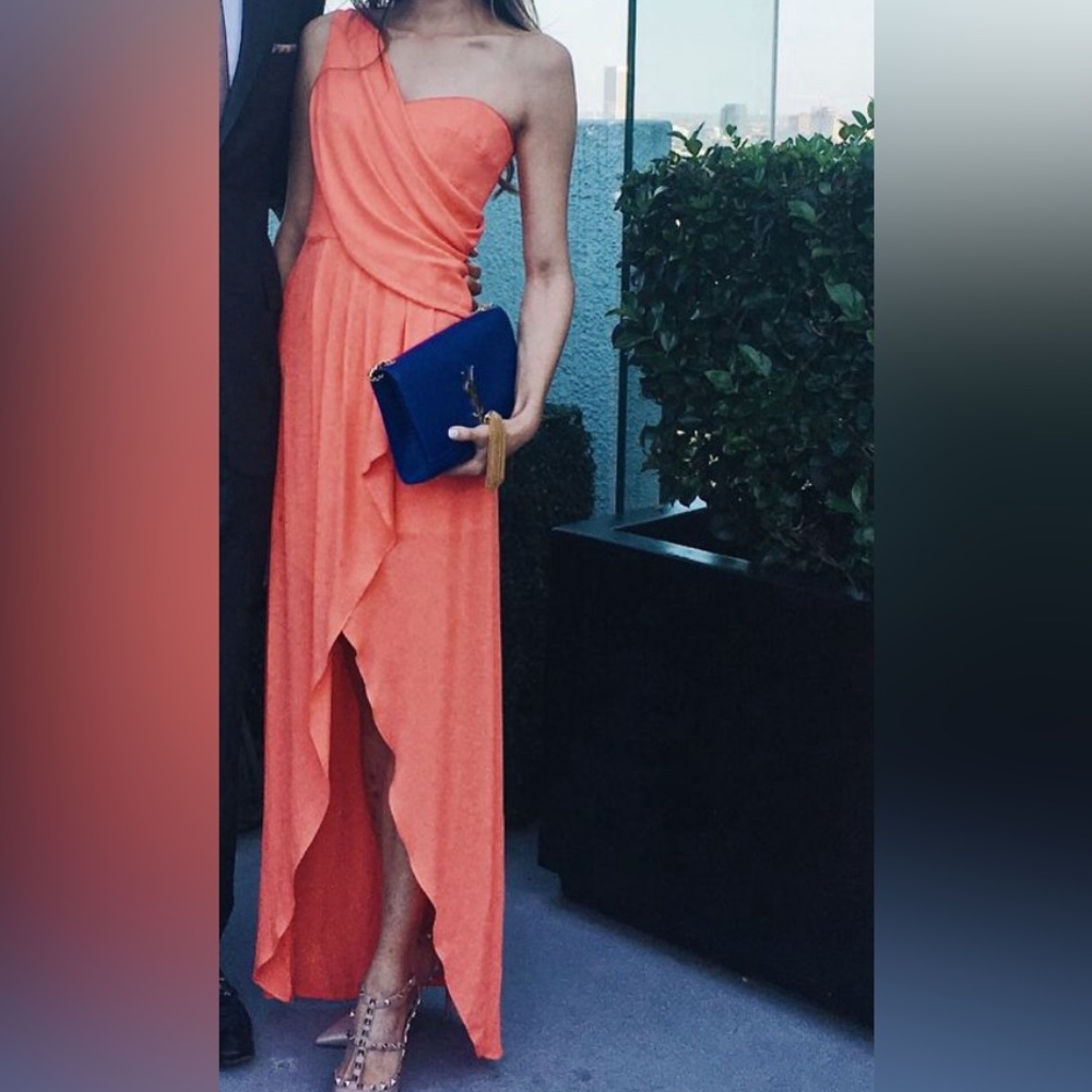 Bcbgmaxazria one shoulder maxi dress (wedding, formal) - coral color